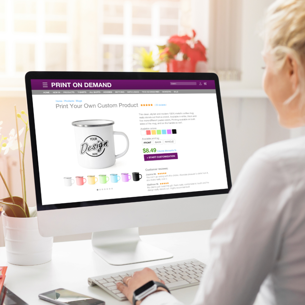 a girl checking on print-on-demand site in her computer