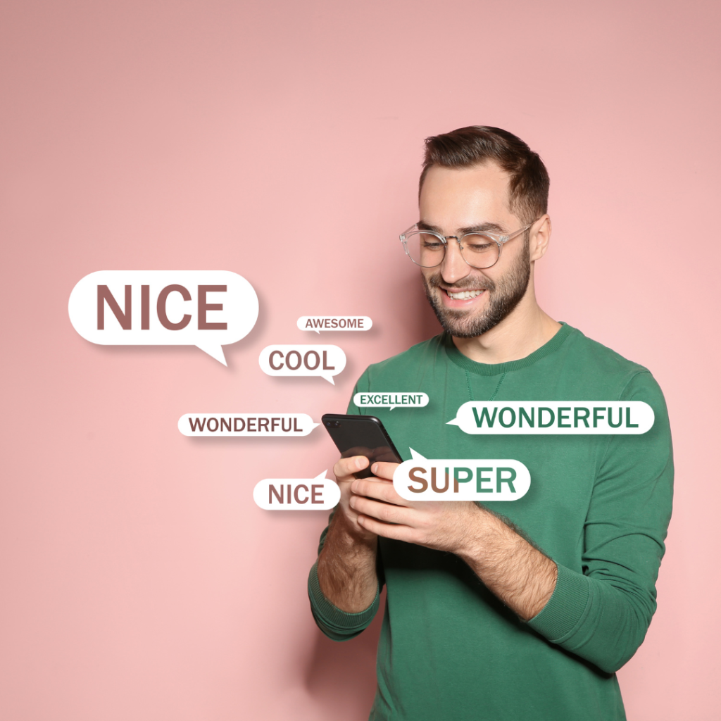 a man wearing a glass with pink background texting nice, cool, wonderful